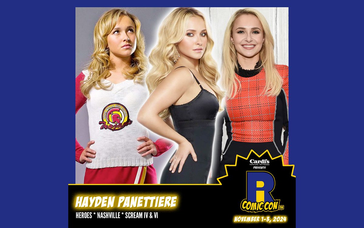 Please welcome @haydenpanettiere to #RICC2024! She is best known as Claire Bennet on #Heroes and Juliette Barnes in #Nashville. She also appears in the slasher horror franchise #Scream, portraying Kirby Reed. Buy your tickets now!