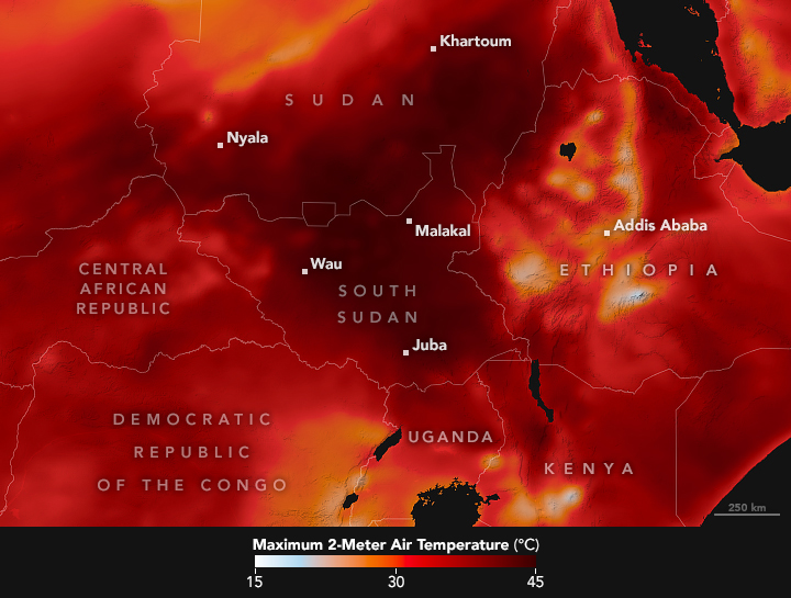 NASAEarth's tweet photo. A heatwave hit East Africa this month, causing power cuts and school closures.

This map, made with satellite observations and @NASAGoddard’s GEOS model, shows air temperatures on March 18. Dark reds indicate temperatures of 45°C (113°F). https://t.co/FpdP1AARMx https://t.co/PzHAUucTid