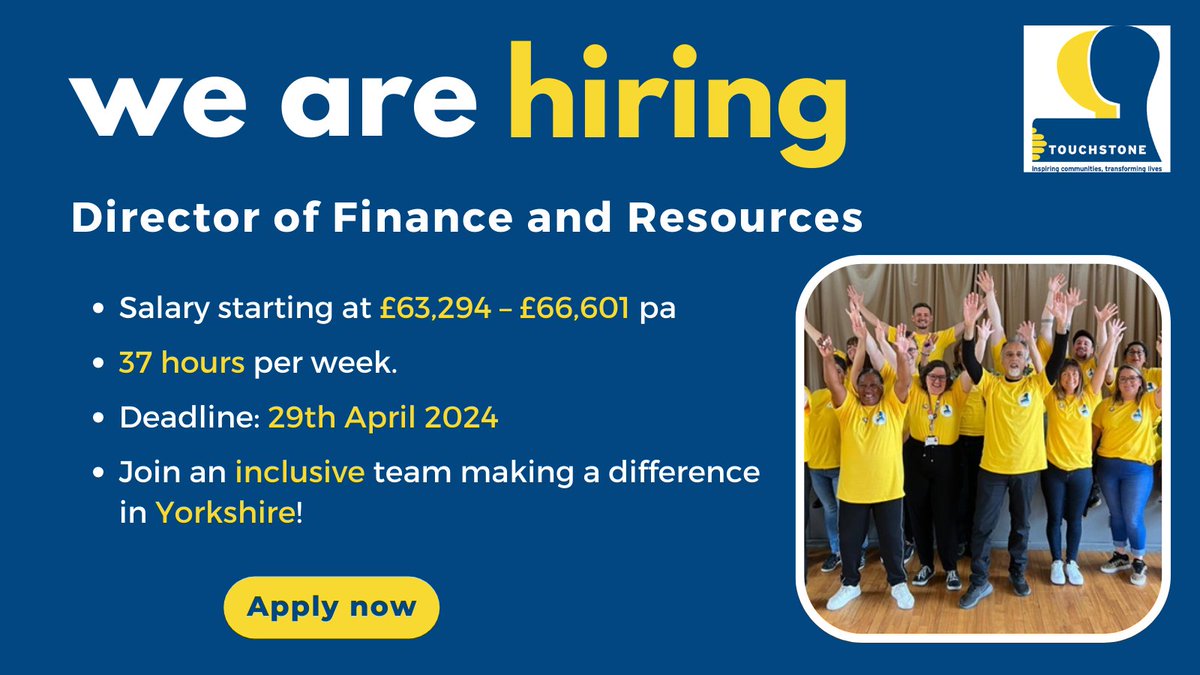 We are hiring a new Director of Finance and Resources to join our Senior Leadership Team!

For more information and to apply, please visit: touchstonesupport.org.uk/vacancy-direct….

#WestYorkshireJobs #LeedsJobs #CharityJobs
