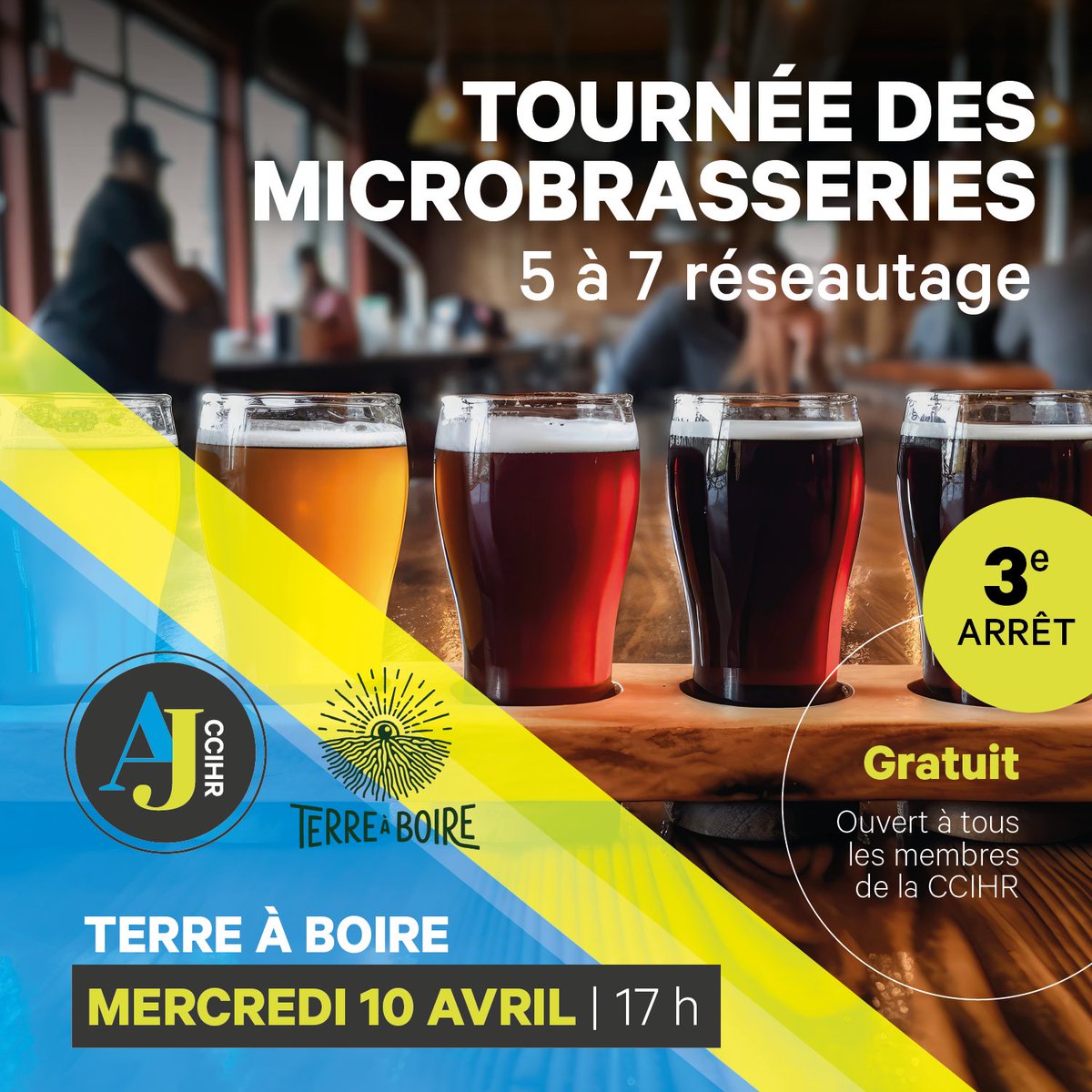 #RÉSEAUTAGE 
3e et dernier arrêt de la tournée : chez #TerreàBoire ! Soyez des nôtres en vous inscrivant par ici : bit.ly/3PwBRkb
#CCIHR #Ailejeunesse #AJCCIHR #sjsr