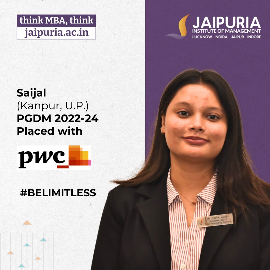 🌈 Saijal steps into brilliance with PWC India! 🚀 Unleash your potential with Jaipuria Institute of Management. Apply for PGDM 2024-26 at apply.jaipuria.ac.in. 📝 #JaipuriaPlacements #PGDM2024 #ApplyNow