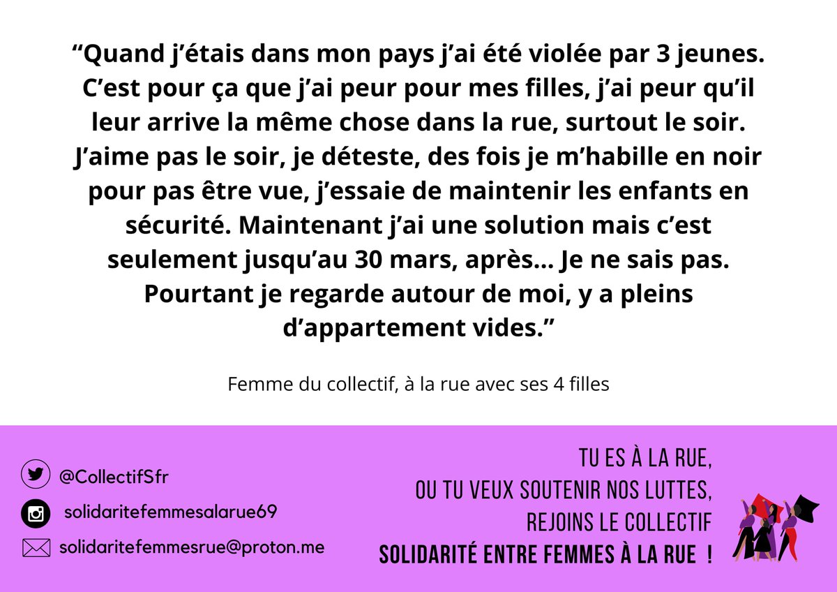 CollectifSfr's tweet photo. Femmes à la rue, nous témoignons des conditions de vie qui sont les nôtres.
Samedi nous serons dans la rue pour défendre le droit à un logement digne pour toustes. L'Etat a le devoir de nous mettre à l'abri. 
 Grande manifestation en musique, dép Préf,quai Augagneur à 14h
✊ 🎺🥁 https://t.co/qOrAIESxoQ