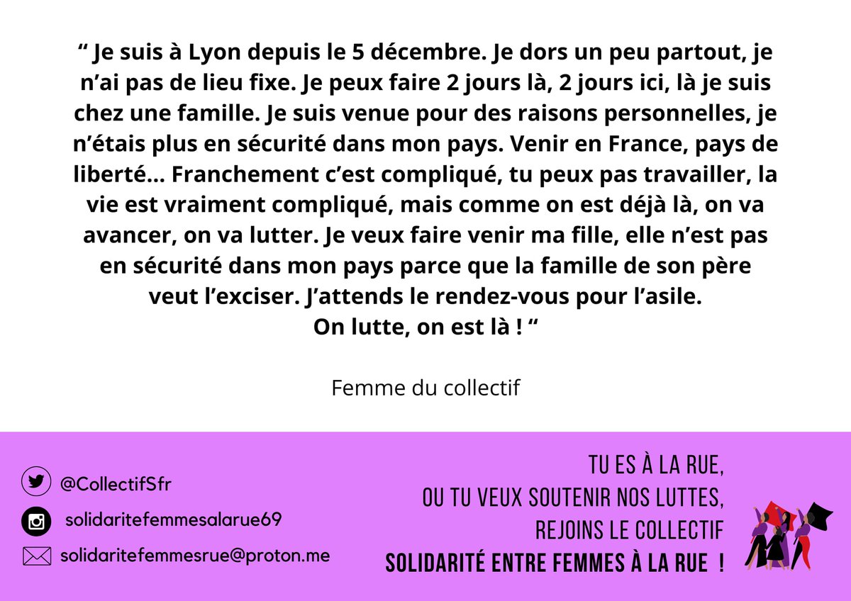 CollectifSfr's tweet photo. Femmes à la rue, nous témoignons des conditions de vie qui sont les nôtres.
Samedi nous serons dans la rue pour défendre le droit à un logement digne pour toustes. L'Etat a le devoir de nous mettre à l'abri. 
 Grande manifestation en musique, dép Préf,quai Augagneur à 14h
✊ 🎺🥁 https://t.co/qOrAIESxoQ