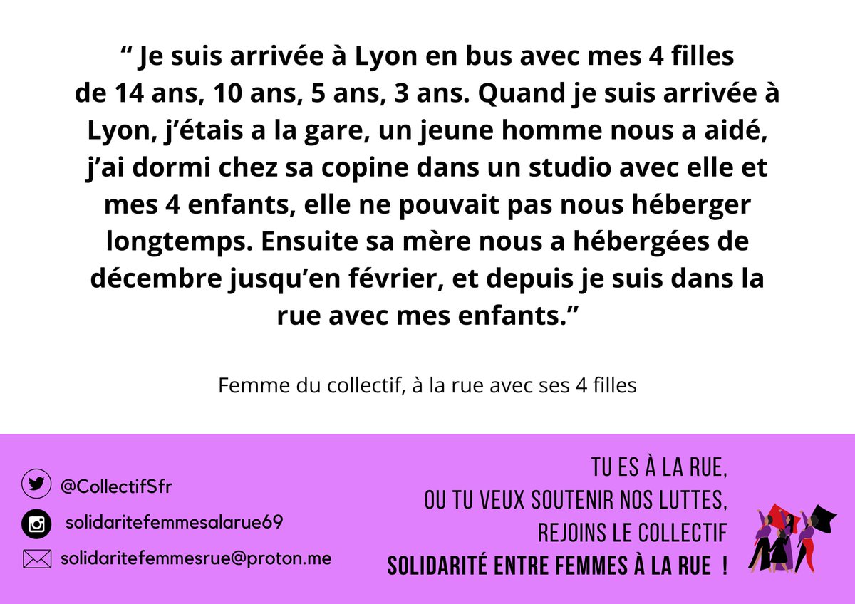 CollectifSfr's tweet photo. Femmes à la rue, nous témoignons des conditions de vie qui sont les nôtres.
Samedi nous serons dans la rue pour défendre le droit à un logement digne pour toustes. L'Etat a le devoir de nous mettre à l'abri. 
 Grande manifestation en musique, dép Préf,quai Augagneur à 14h
✊ 🎺🥁 https://t.co/qOrAIESxoQ