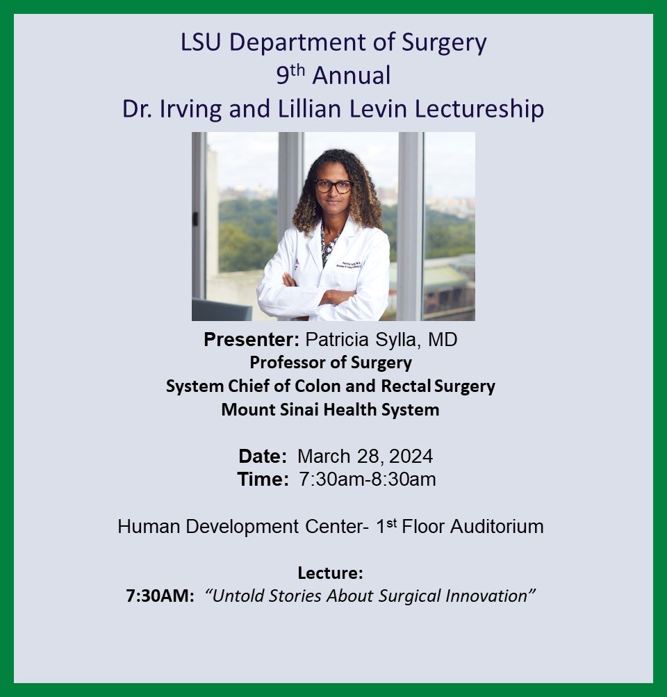 We are very excited to have Dr. Sylla as our visiting Professor for the Levine lectureship. Looking forward to your visit ⁦@patsyllamd⁩ ⁦@lsusurgerydept⁩ ⁦@ASCRS_1⁩ ⁦@SBMSurgery⁩ ⁦@SAGES_Updates⁩ ⁦@SocietyofBAS⁩