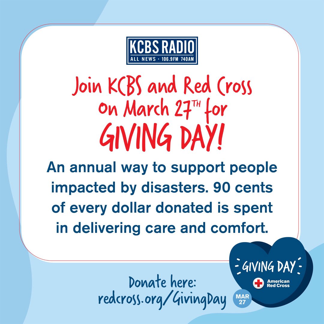 Listen to @KCBSRadio from 10 to 2 today for our special broadcast promoting the @RedCross “Giving Day”. audacy.com/stations/kcbsr…