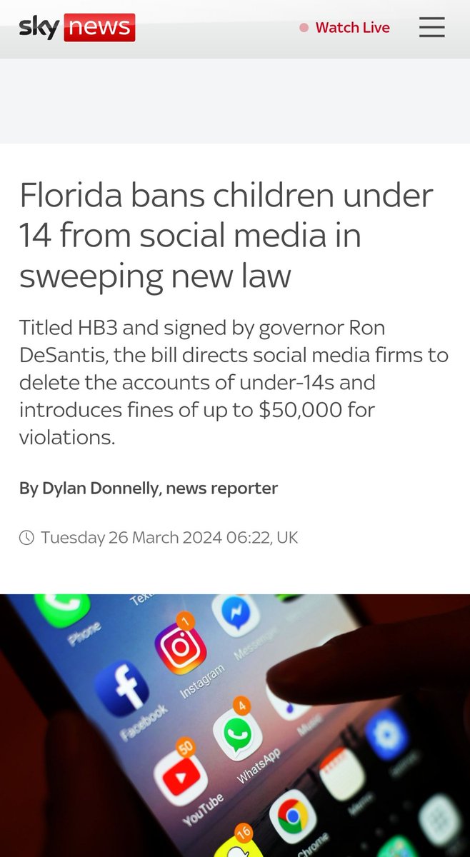 #ChildOnlineProtectionUpdate #InTheNews @SkyNews 'The bill directs Social Media firms to delete the accounts of under-14s and Introduces fines of up to $50,000 for violations'. news.sky.com/story/florida-… #ChildOnlineProtection