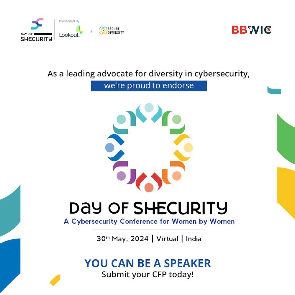 We are excited to be part of @DayOfShecurity India conference this year as community partners and advocates! 🙌🏻🎉 Submit your CFP here: lnkd.in/gXAp9qp2 Conference Date: May 30, 2024 & Virtual Call for Paper closes at 11:59 PM IST 07 Apr 2024