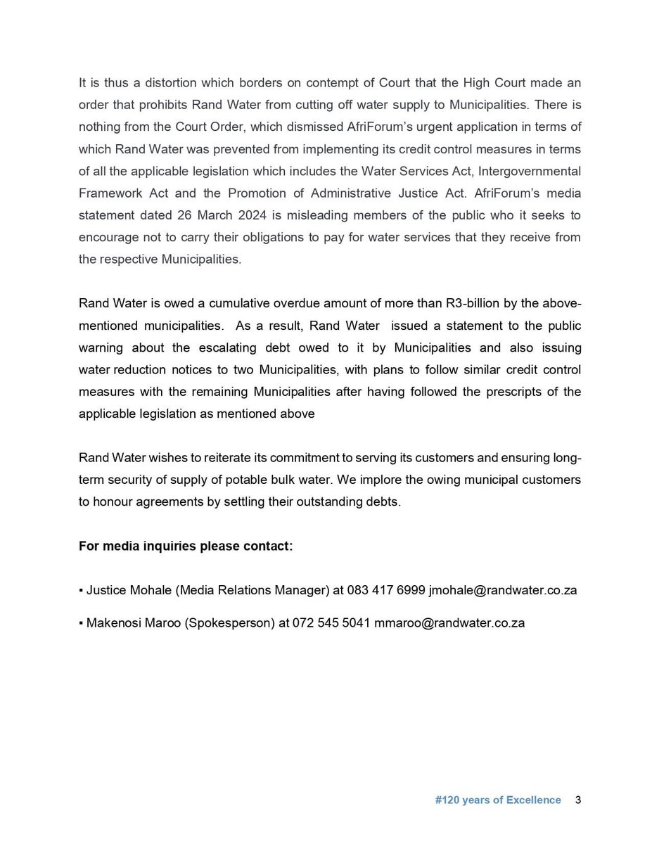 Rand_Water's tweet photo. ⚠️Important Notice ⚠️
@afriforum’s attempts to interdict Rand Water on water restrictions fail. 

#RW120YearsofExcellence
#RWDebtRecovery
#RWFinancialSustainability
#RWWaterSustainability
[NS] https://t.co/Q6tGxpf0vC