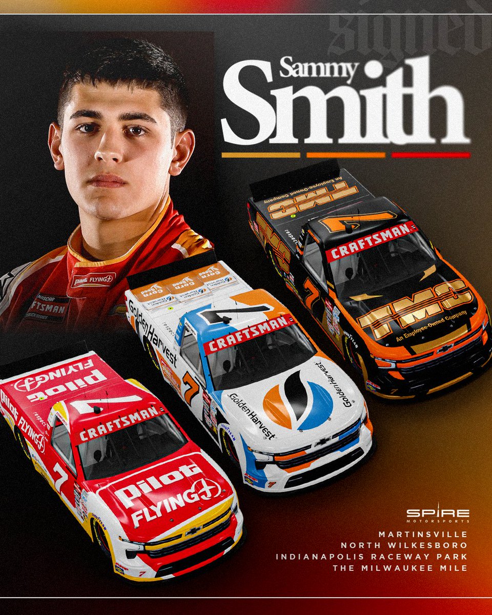 SpireMotorsport's tweet photo. Adding another 𝐰𝐡𝐞𝐞𝐥𝐦𝐚𝐧 to our lineup.
 
@sammysmithSS will race our No. 7 Silverado part-time in the NASCAR Craftsman Truck Series starting next weekend in Martinsville.
 
Read more: https://t.co/22VKWoekC1 https://t.co/fSiEuU5Rf6
