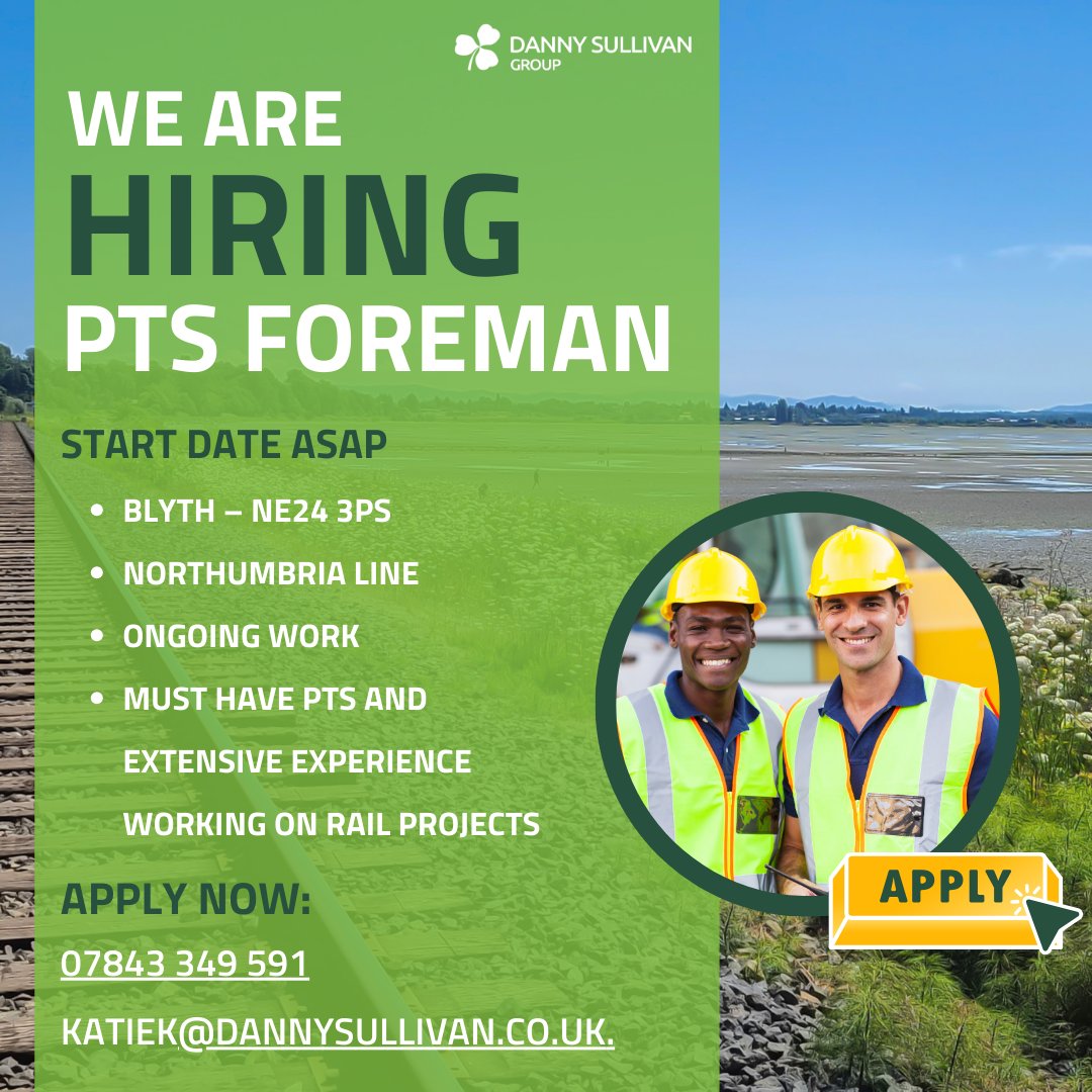 Are you an experienced #PTSForeman with a passion for rail projects? We're seeking talented individuals with previous rail experience to join our team in Blyth, along the Northumbria Line. Contact our Recruiter, Katie Keary to apply: 📞 07843349591 📧 katiek@dannysullivan.co.uk