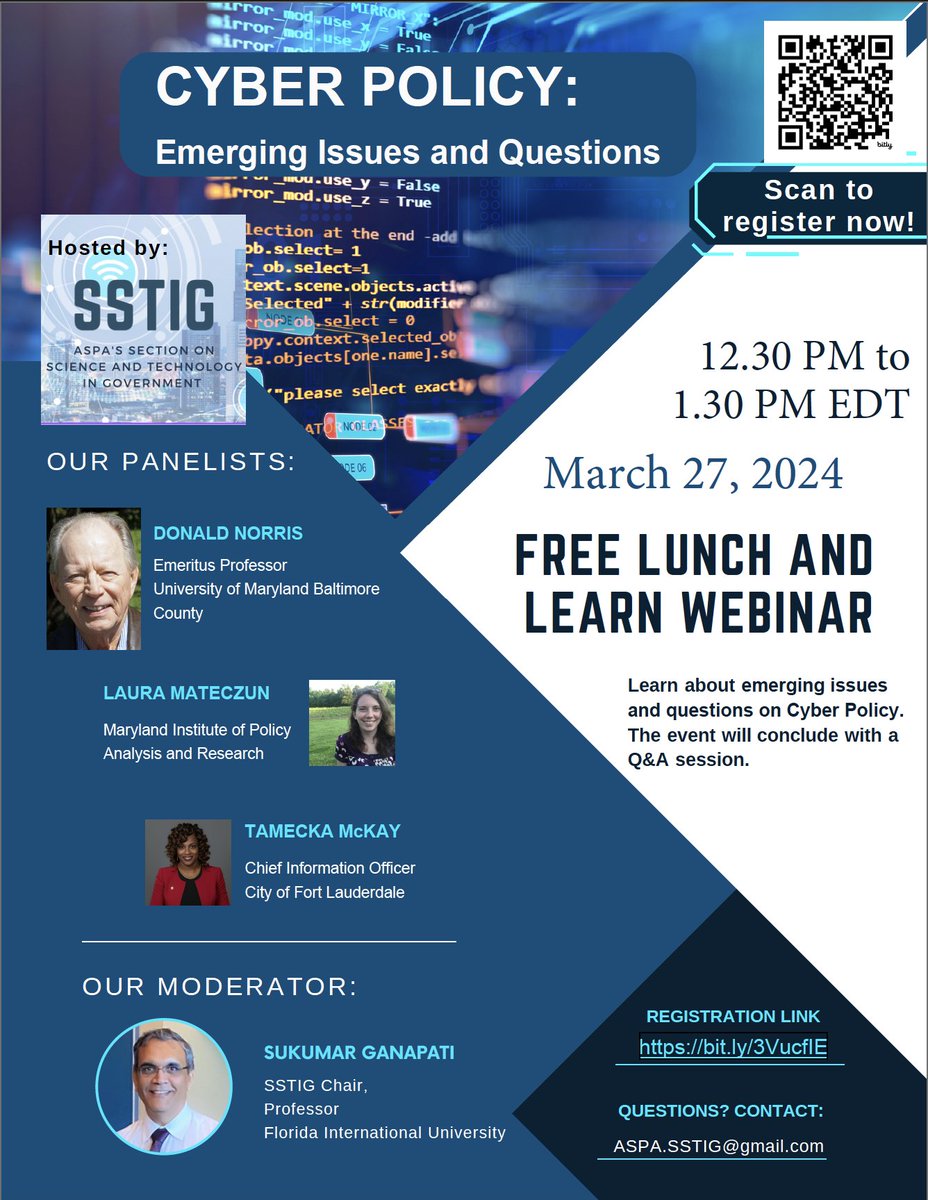 We are only a few hours away from "Cyber Policy: Emerging Issues and Questions." 

Join us today, March 27th, at 12:30 pm EDT!

Still time to register here: bit.ly/3VucfIE