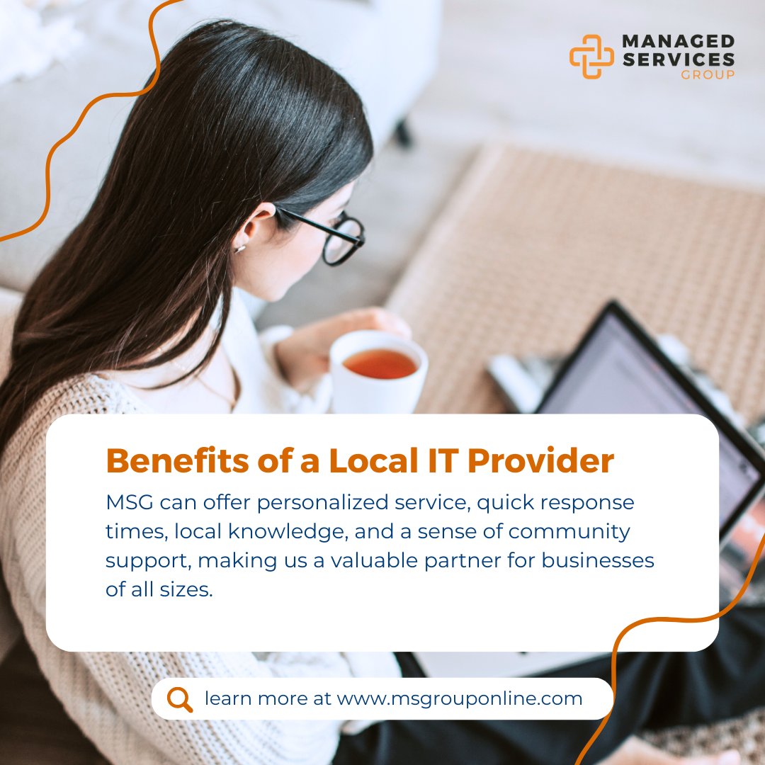 msgrouponline's tweet image. Partnering with a local IT provider offers benefits such as personalized service, quick response times, local knowledge, community support, face-to-face meetings, flexibility, and efficient, tailored support aligned with business goals and community ties. #LocalIT #MSG