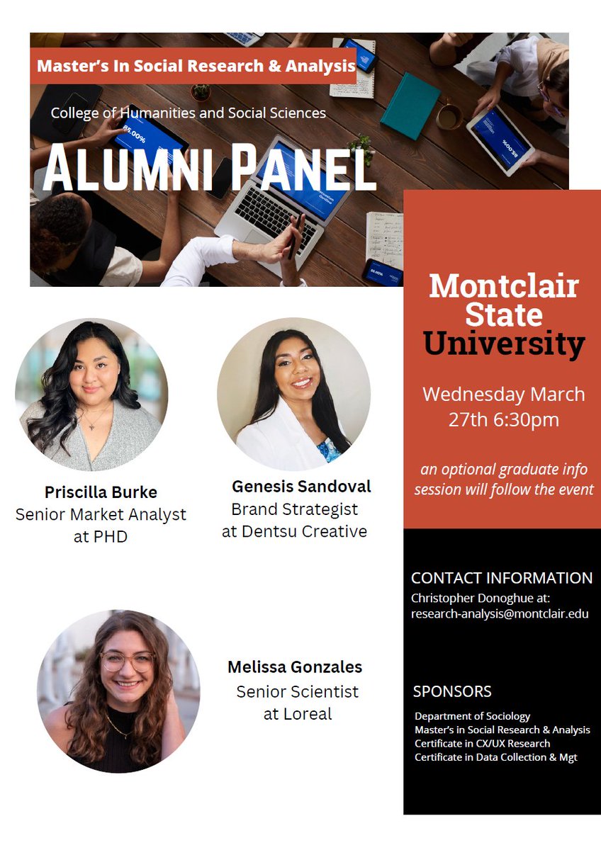 Join us tonight at 6:30pm to hear from three of our finest alumni in the MA in Social Research &amp; Analysis! Genesis Sandoval, Priscilla Burke, Melissa Gonzalez will all discuss their experiences post-graduation.

The event is open to the public. Please message me for the link!