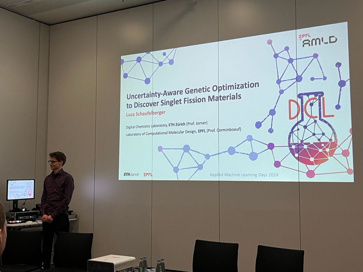 Digital Chemistry Laboratory (@dcl_ethz) on Twitter photo Luca presented his work on Uncertainty-Aware Genetic Optimization on Singlet Fission Materials at the <a href="/appliedmldays/">Applied Machine Learning Days</a> Many thanks to the organisers for an amazing conference Luca presented his work on Uncertainty-Aware Genetic Optimization on Singlet Fission Materials at the <a href="/appliedmldays/">Applied Machine Learning Days</a> Many thanks to the organisers for an amazing conference