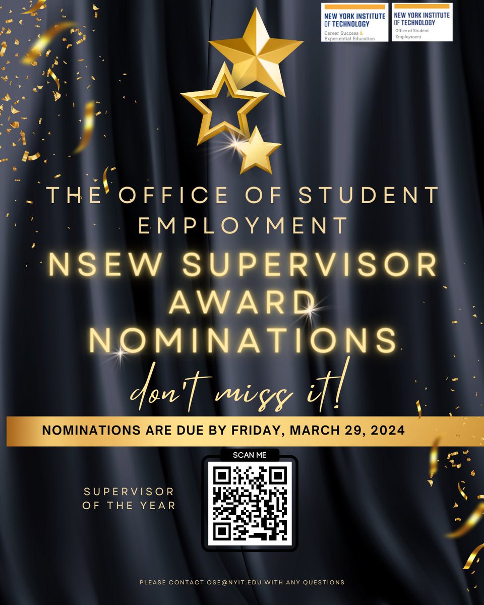 Calling all students! Don’t miss out on this incredible opportunity to nominate your fellow students and supervisors for the NSEW awards! 🏆 Let’s celebrate our achievements together! Nominations close this Friday, March 29th. #csee #nyit #nominations