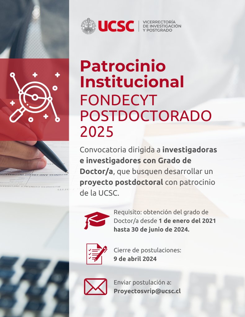 UCSC_DI's tweet photo. 📢 La @ucscconcepcion convoca a investigadoras e investigadores con Grado de Doctor/a interesados en postular en Concurso Fondecyt Postdoctorado 2025.

Invitamos a la comunidad investigadora interesada en contar con el patrocinio de la UCSC en sus investigaciones postdoctorales. https://t.co/nUqLskNTkN