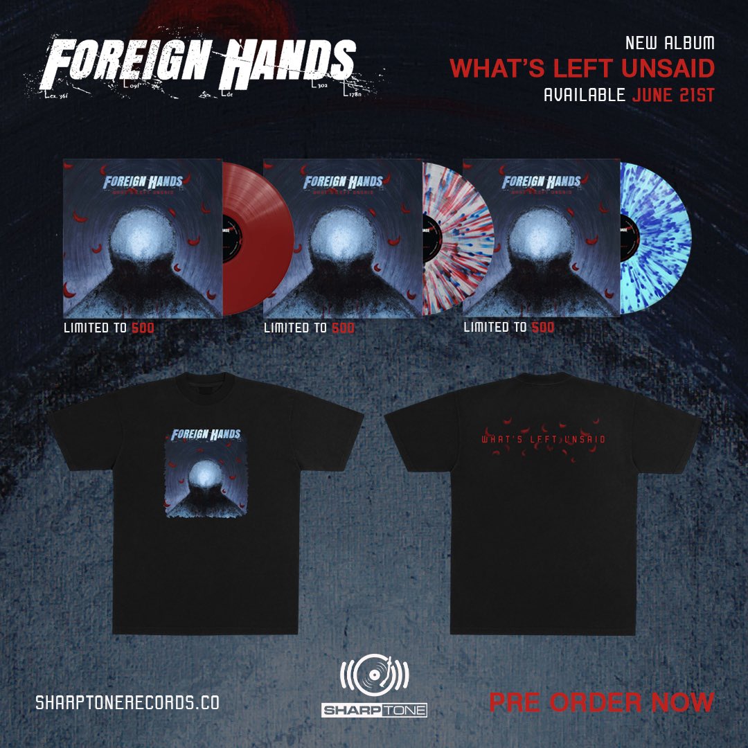 foreignhandsDE's tweet image. Our debut full length “What’s Left Unsaid” will be out everywhere June 21st on @sharptonerecs. Pre-order the record and watch the music video for “God Under Fingernails” now: bfan.link/what-s-left-un… 

Produced by @WillPutney 
Album art by @StudioTRN_