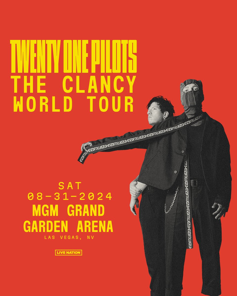 Grammy-Award winning, multi-Platinum selling @twentyonepilots are pleased to bring The Clancy World Tour to MGM Grand Garden Arena on Saturday, August 31. Tickets go on sale Friday, April 5 at 10a PT: spr.ly/6013ZXh9W