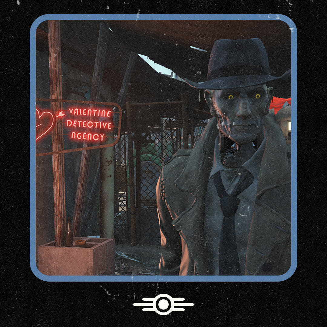 Nick Valentine is a prototype synth, discarded by the Institute, now working as the detective of Diamond City. His memories and personality are largely based on a pre-war detective of the same name. #Fallout