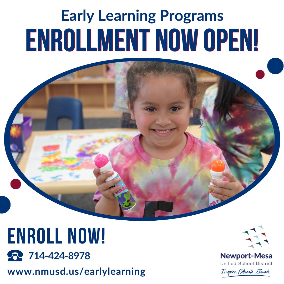 #NMUSD will be offering Preschool, Transitional Kindergarten and Kindergarten Early Learning Options for the 2024-2025 school year! Visit nmusd.us/earlylearning to learn more! #InspireEducateElevate