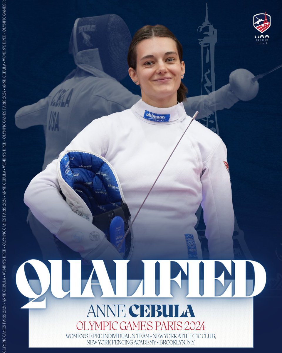 USAFencing's tweet photo. Anne Cebula is set to make her mark at the Olympic Games, having qualified in Women's Epee for both the individual and team events!

🇺🇸 All nominations to the 2024 U.S. Olympic Team are subject to final approval by the United States Olympic &amp; Paralympic Committee. https://t.co/liVR5LkCAc