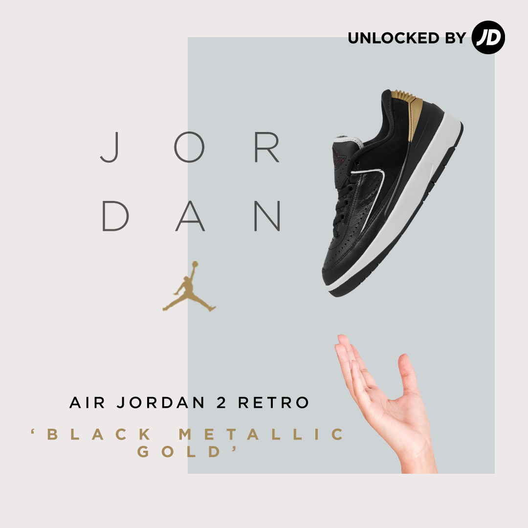 The latest Women's #AirJordan Retro 2 Low is now available. ✨ This AJ2 has a luxurious touch with metallic gold hits throughout a black leather upper. ⚫🟡 Hit the site to grab a pair now ➡️ finl.co/1pkL