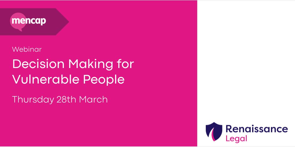 There are still spaces to join @mencap_charity Decision Making Webinar with Philip Warford tomorrow. Philip will discuss the best ways to consider protecting a child or young person who may be unable to make decisions about their welfare and finances. ow.ly/Y0A650R36Ty