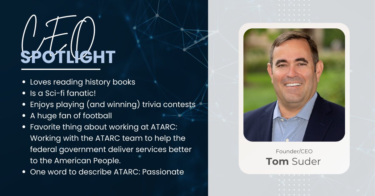 atarc's tweet photo. CEO SPOTLIGHT: This week's CEO spotlight is none other than ATARC's Founder and CEO, Tom Suder! 🎊

If you have any questions, history book recommendations, or just want to say hi, reach out to Tom at tsuder@atarc.org! 📧

#ceospotlight #ATARC #GoTom! https://t.co/jtgFEovnML