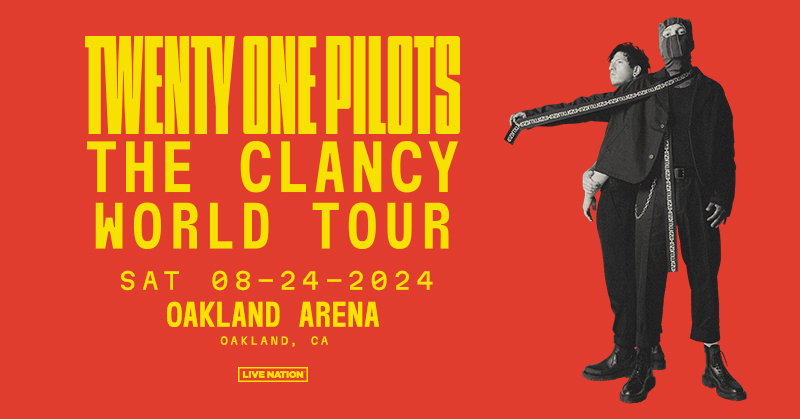 JUST ANNOUNCED: @twentyonepilots-The Clancy World Tour comes to Oakland Arena on August 24. Register now for presale access: twentyonepilots.com/tour