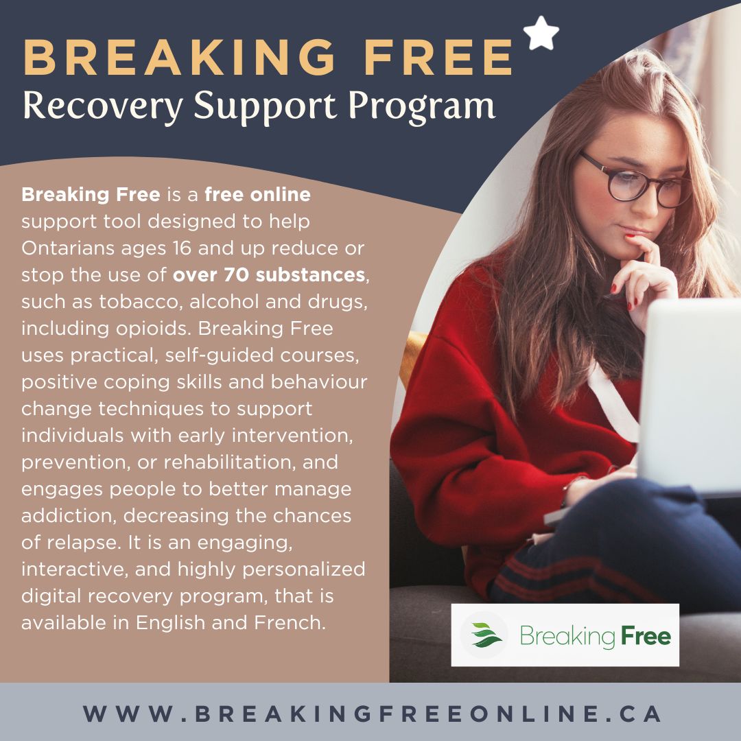 Discover #BreakingFree: a free online tool for Ontarians 16+ looking to overcome 70+ substances. With self-guided courses and powerful behaviour change techniques, it supports #EarlyIntervention, #Prevention, and #Rehab. To learn more or to join, visit: breakingfreeonline.ca.