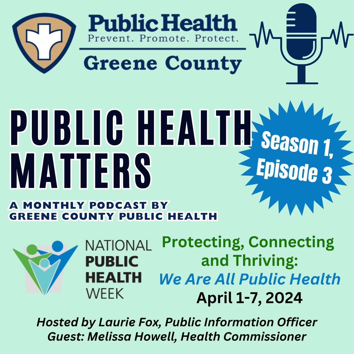 Our monthly podcast, Public Health Matters is LIVE! This month features Melissa Howell, Health Commissioner, and host Laurie Fox, Public Information Officer, discussing National Public Health Week 2024. Check it out gcph.simplecast.com/episodes/natio…