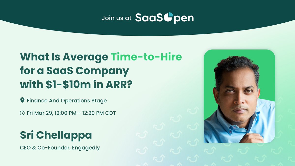 Our CEO Srikant Chellappa is due to speak at SaaSOpen on Fri Mar 29 at 12:00 PM(CST). His topic? 'The Average Time-to-Hire for a SaaS Company with $1-$10m in ARR'. Reserve your spot!

#SaaSOpen #SaaS #BusinessInsights #SrikantChellappa community.engagedly.com/u/yJm8RS