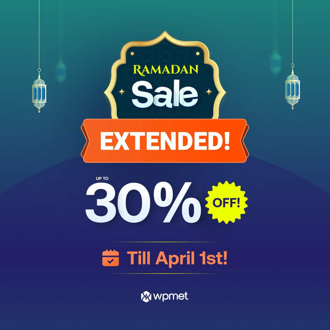 wpmetcom's tweet image. We heard you! 😍 

Our Ramadan 𝗦𝗮𝗹𝗲 𝗵𝗮𝘀 𝗯𝗲𝗲𝗻 𝗘𝘅𝘁𝗲𝗻𝗱𝗲𝗱! 🥳
Enjoy 30% off until April 1st 🤑

Don&apos;t miss out ⤵️
wpmet.com/deals/

#ElementsKit
#ShopEngine
#MetForm
#WPSocial
#WPUltimateReview