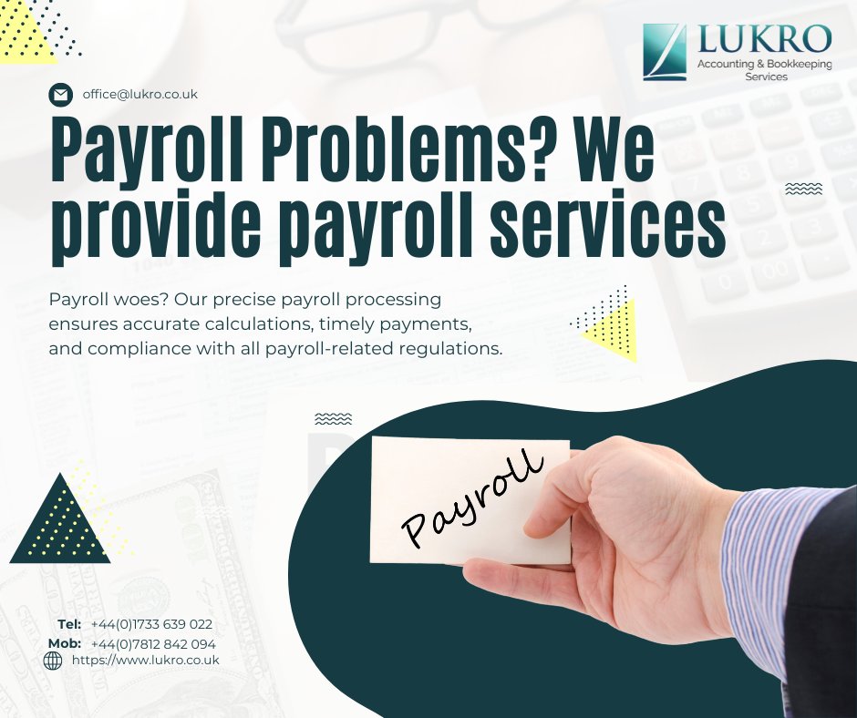 Payroll woes? Our precise payroll processing ensures accurate calculations, timely payments, and compliance with all payroll-related regulations.  
lukro.co.uk/payroll/ 

#PayrollPerfection #Payroll #PayrollServices #payrollexpert #payrollhelp #payrollspecialist