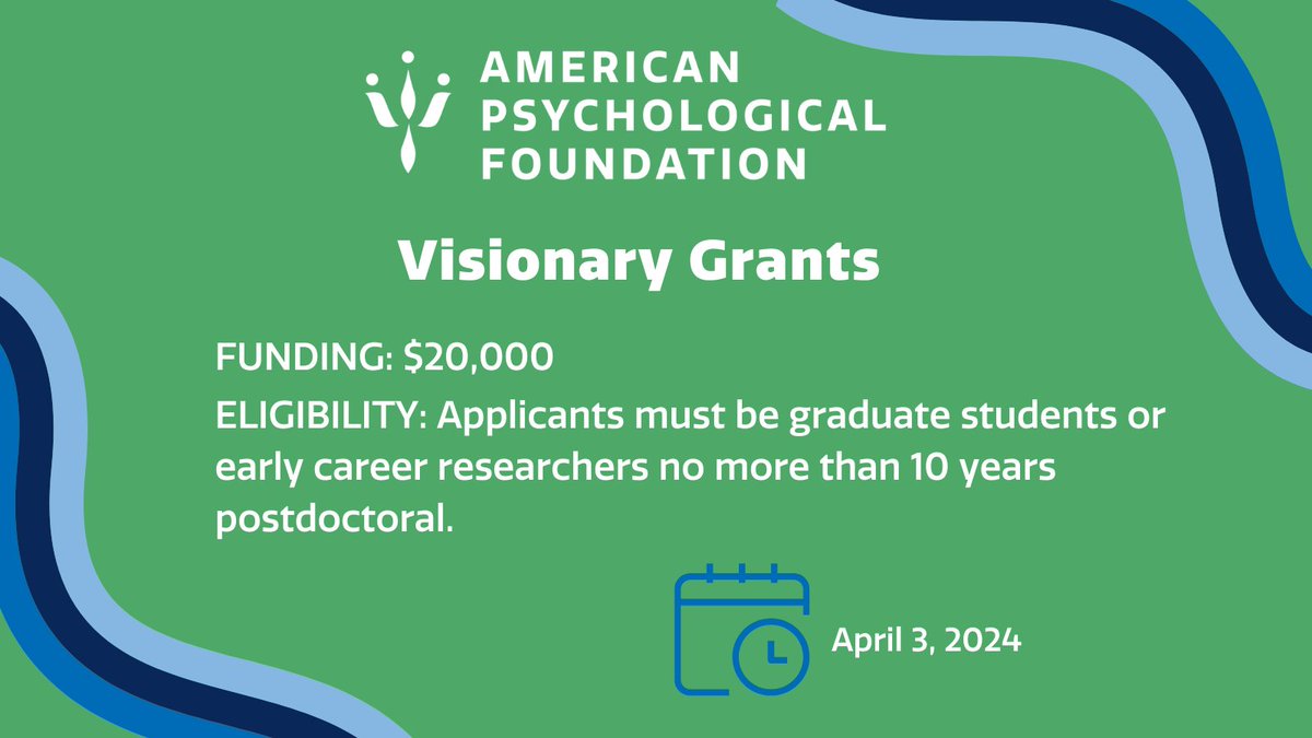 Applications are open for the Visionary Grants! ow.ly/pNls50QVOy1 These grants seek to seed innovation through supporting research, education and intervention projects and programs that use psychology to solve social problems. #psychology #research