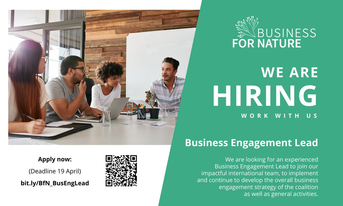 📣 We are #hiring! Are you looking to be part of a team that drives credible business action and policy ambition to achieve a #NaturePositive economy? We are looking for an experienced Business Engagement Lead. 🗓️ Deadline: 19 April Apply here: bit.ly/BfN_BusEngLead