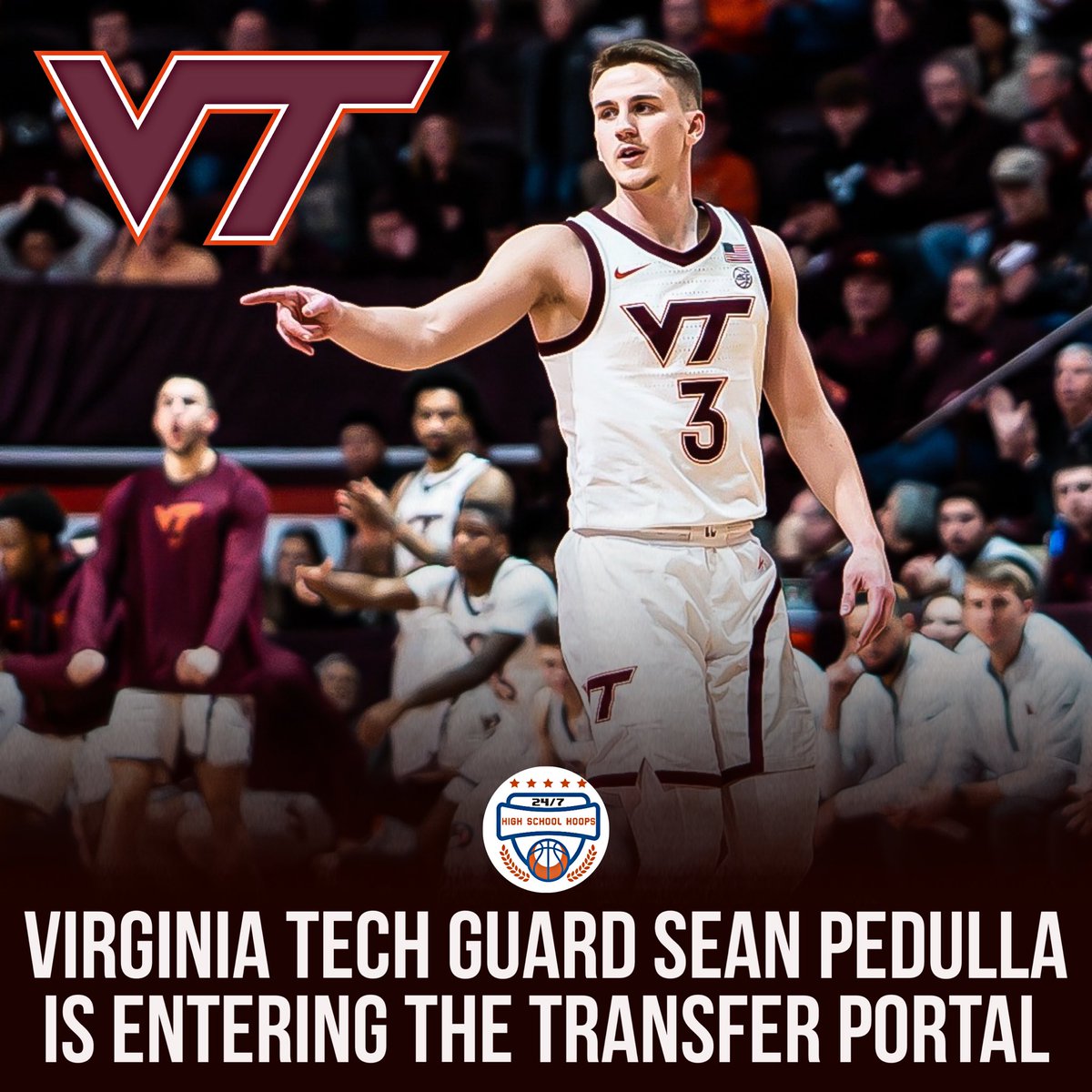 NEWS: Virginia Tech guard Sean Pedulla (<a href="/PedullaSean/">Sean Pedulla</a>) is entering the transfer portal, a source tells me.

Pedulla has spent three seasons in Blacksburg, starting all 64 games he played in the last two seasons. Native of Edmond, Oklahoma.

He averaged 16.4PPG, 4.4APG, 4.3RPG and