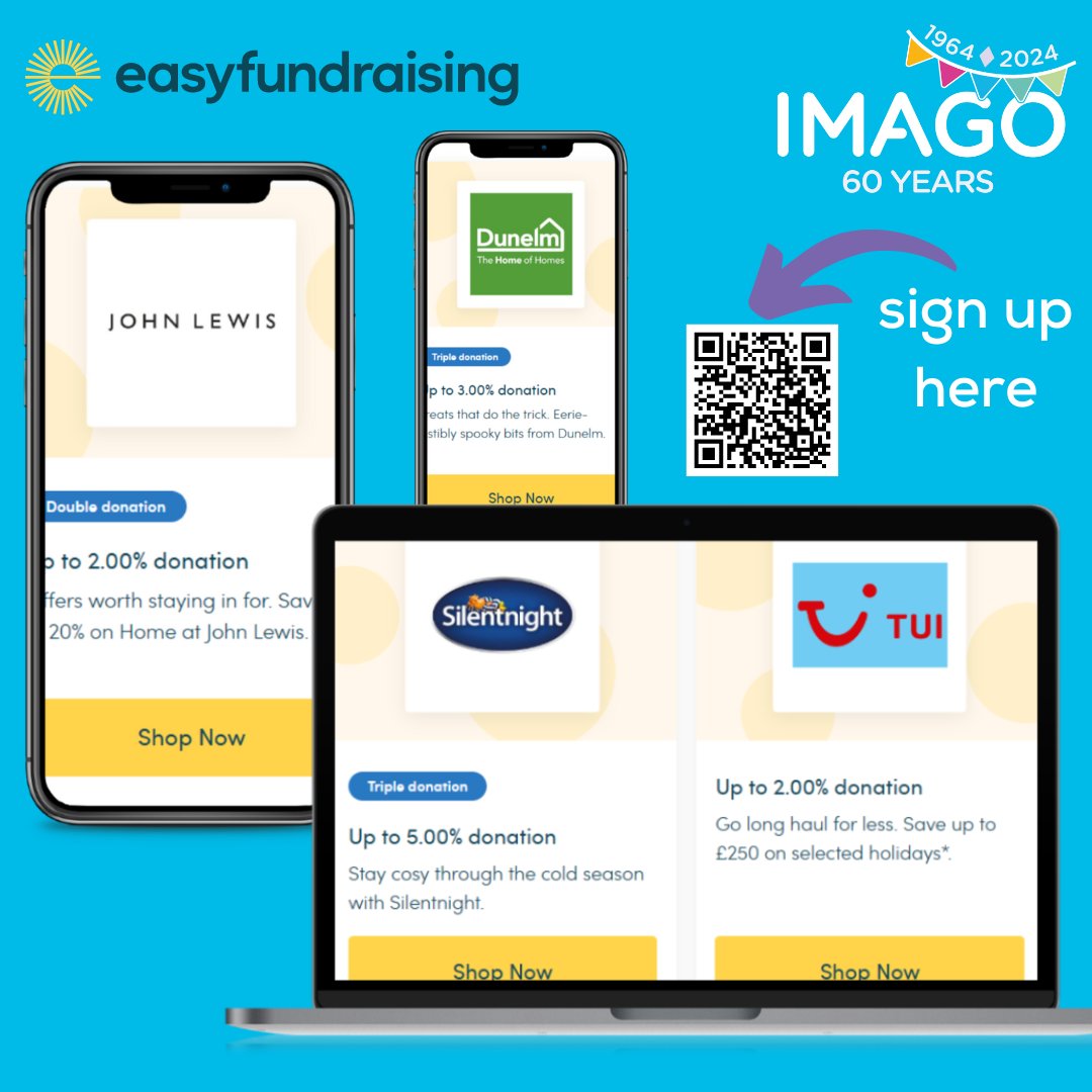 Whether you are looking at booking a break away, holiday or staying at home this year, if you are shopping online, your purchase can help Imago, at no extra cost to you! Simply register here 👇ow.ly/ZGw850R37FH #ImagoCommunityUK #OnlineShopping #Charity #Support