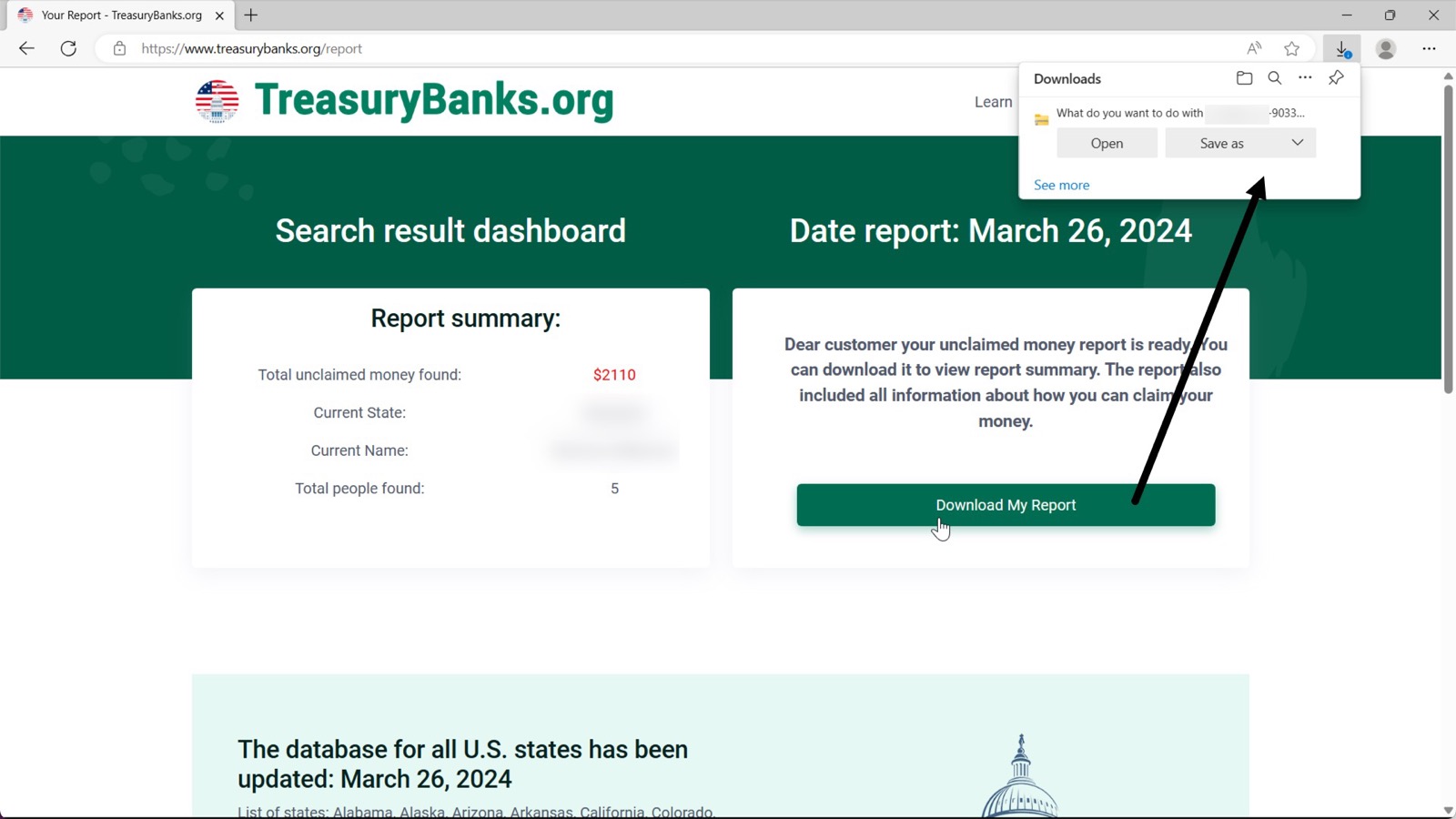 Screenshot of TreasuryBanks dot org. Arrow points to browser download notification. 
