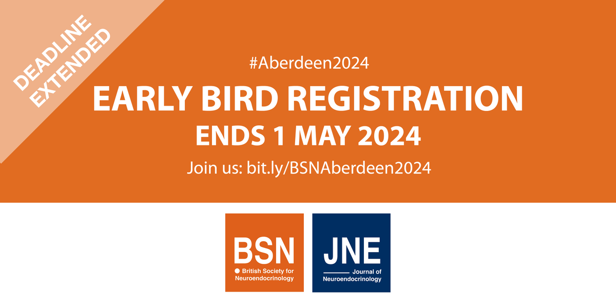 EARLY BIRD DEADLINE EXTENDED! You now have until 1 May 2024 to enjoy the early bird rates. Join us at #Aberdeen2024 for our Annual Meeting highlighting the latest neuroendocrinology research. 🧠🔬 bit.ly/BSNAberdeen2024