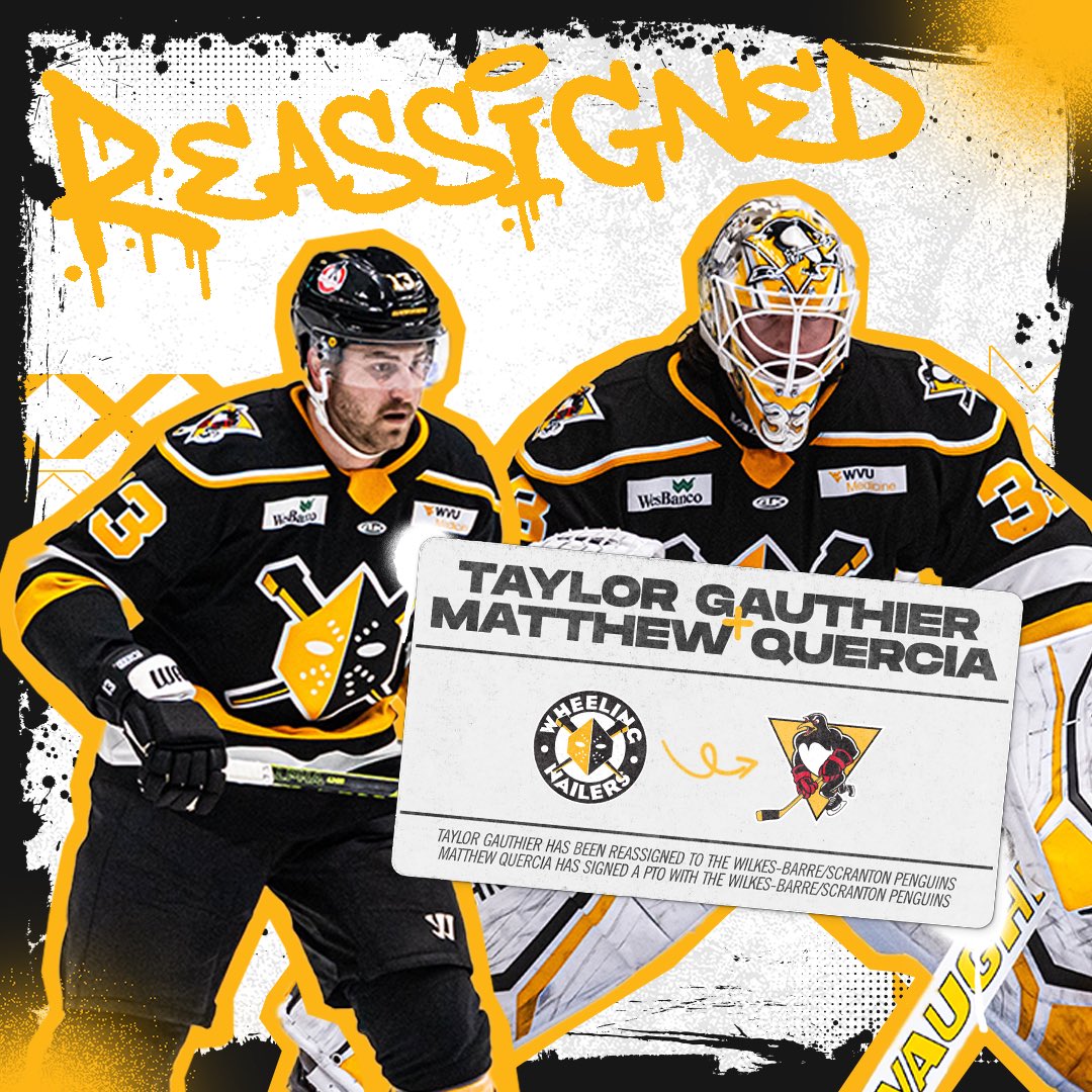 x - Wheeling Nailers (@wheelingnailers) on Twitter photo Two guys are moving on up! 💼⬆️
Goalie Taylor Gauthier has been reassigned to the <a href="/WBSPenguins/">x - Wilkes-Barre/Scranton Penguins</a>. Additionally, Forward Matthew Quercia has been signed to a PTO.
Congratulations to you both, and good luck!
#ForgeTheFuture Two guys are moving on up! 💼⬆️
Goalie Taylor Gauthier has been reassigned to the <a href="/WBSPenguins/">x - Wilkes-Barre/Scranton Penguins</a>. Additionally, Forward Matthew Quercia has been signed to a PTO.
Congratulations to you both, and good luck!
#ForgeTheFuture
