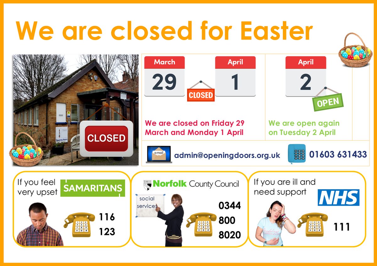 We wish you all a lovely Easter break 🐣🐇 Our offices are closed for the Easter Weekend. We have some helpful numbers if you need help over this time.