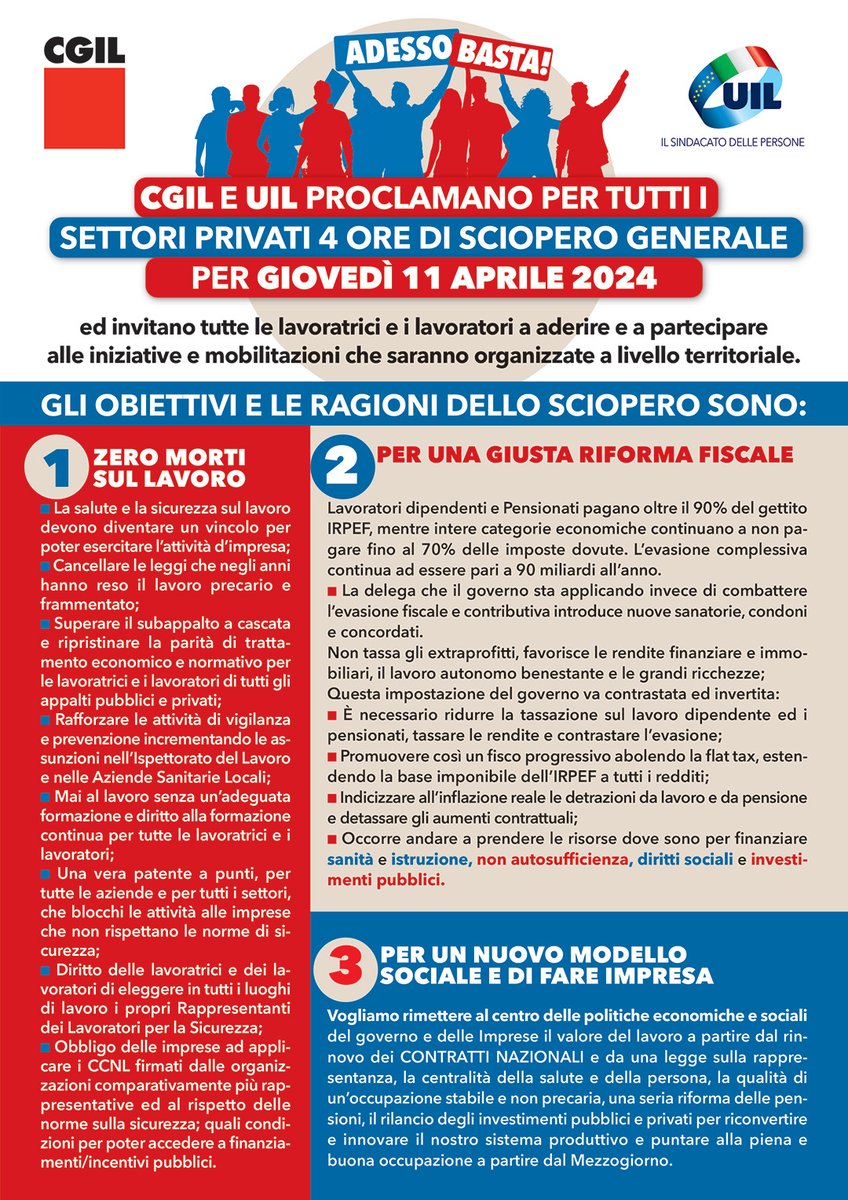 🟥 GIOVEDI' 11 APRILE SCIOPERO GENERALE DEI SETTORI PRIVATI Gli obiettivi: 1⃣ ZERO morti sul lavoro 2⃣ una giusta riforma fiscale 3⃣ un nuovo modello sociale e di fare impresa #AdessoBasta