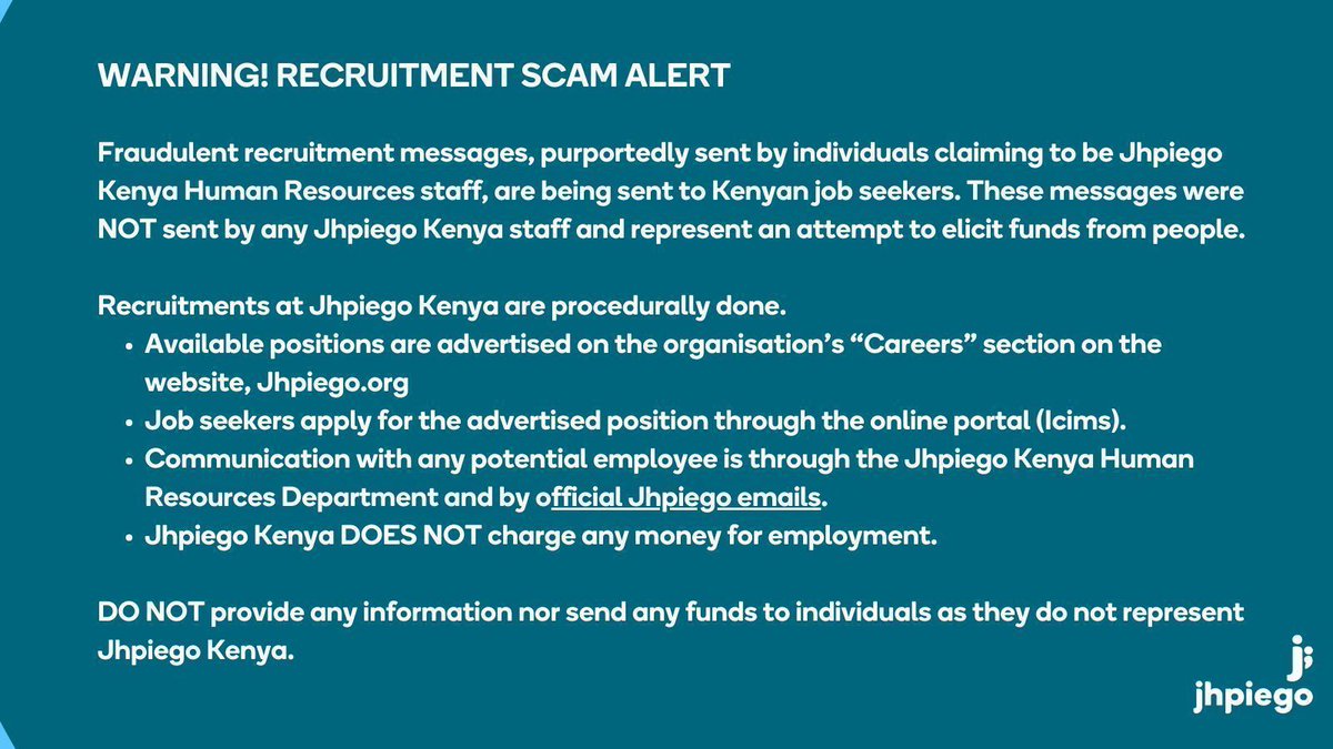 SCAM ALERT: Be cautious of individuals who ask for payment in exchange for job opportunities at Jhpiego Kenya. Jhpiego Kenya does not demand payment from job seekers. Always consult the official Jhpiego Kenya website for a list of available positions👇 buff.ly/3UJOmMJ