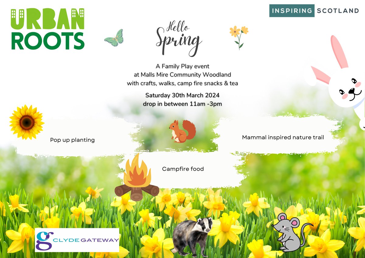 Malls Mire Community Woodland (@mallsmire) on Twitter photo Come and join us this Saturday for a fun-filled family play session in the woodland.
Drop in between 11am and 3pm for campfire snacks, a mammal inspired nature trail and some pop up planting.
<a href="/clydegateway/">Clyde Gateway</a> <a href="/StBrigidsPS/">St Brigid's Primary, Toryglen</a> <a href="/ToryglenPS/">Toryglen Primary School</a> <a href="/CommunityWoods/">Community Woodlands Association</a> Come and join us this Saturday for a fun-filled family play session in the woodland.
Drop in between 11am and 3pm for campfire snacks, a mammal inspired nature trail and some pop up planting.
<a href="/clydegateway/">Clyde Gateway</a> <a href="/StBrigidsPS/">St Brigid's Primary, Toryglen</a> <a href="/ToryglenPS/">Toryglen Primary School</a> <a href="/CommunityWoods/">Community Woodlands Association</a>