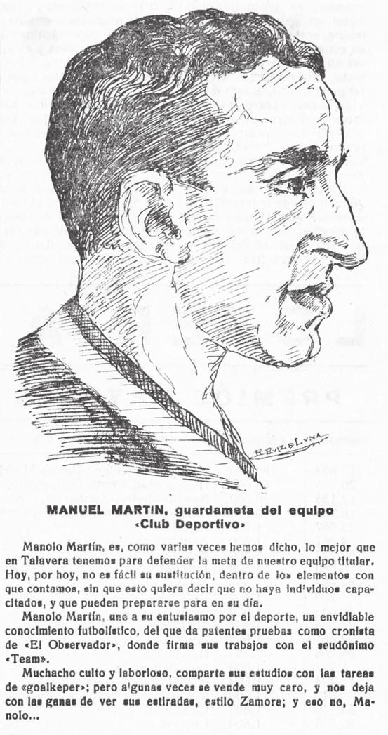 historiadelTala's tweet image. Nuestro Zamora
#futbolcentenariotalavera
Manuel Martín Fernández-Mazuecos (1907-1936) pionero del fútbol local. Portero,árbitro,redactor...Participó en los orígenes del fútbol con el Ebora,Juventud Católica,Unión Ferro talaverana y Talavera
Aquí Un grabado de Rafael Ruiz de Luna