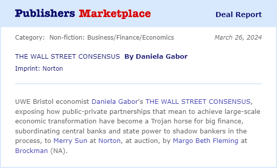 It's now official. The #WallStreetConsensus will soon be a book - about the return of the transformative state. There may be some Taylor Swift/Travis Kelce macrofinancial jokes (she inflation targeting, he Big Finance) in it.