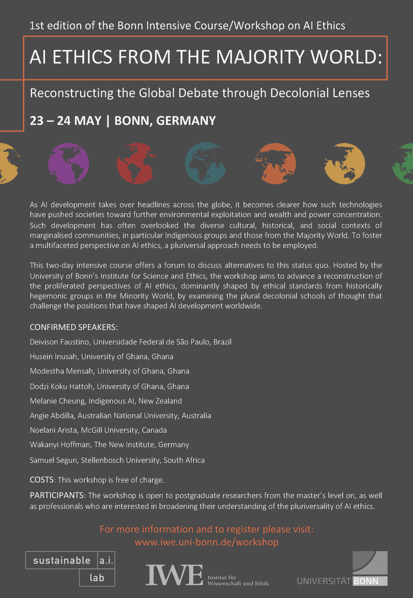 Introducing the 1st edition of the Bonn Intensive Course/Workshop on AI Ethics, hosted by the IWE on May 23-24! ❗️Registration is now open until April 30th❗️ Please visit iwe.uni-bonn.de/workshop to register, and stay tuned for further information, including the full programme.