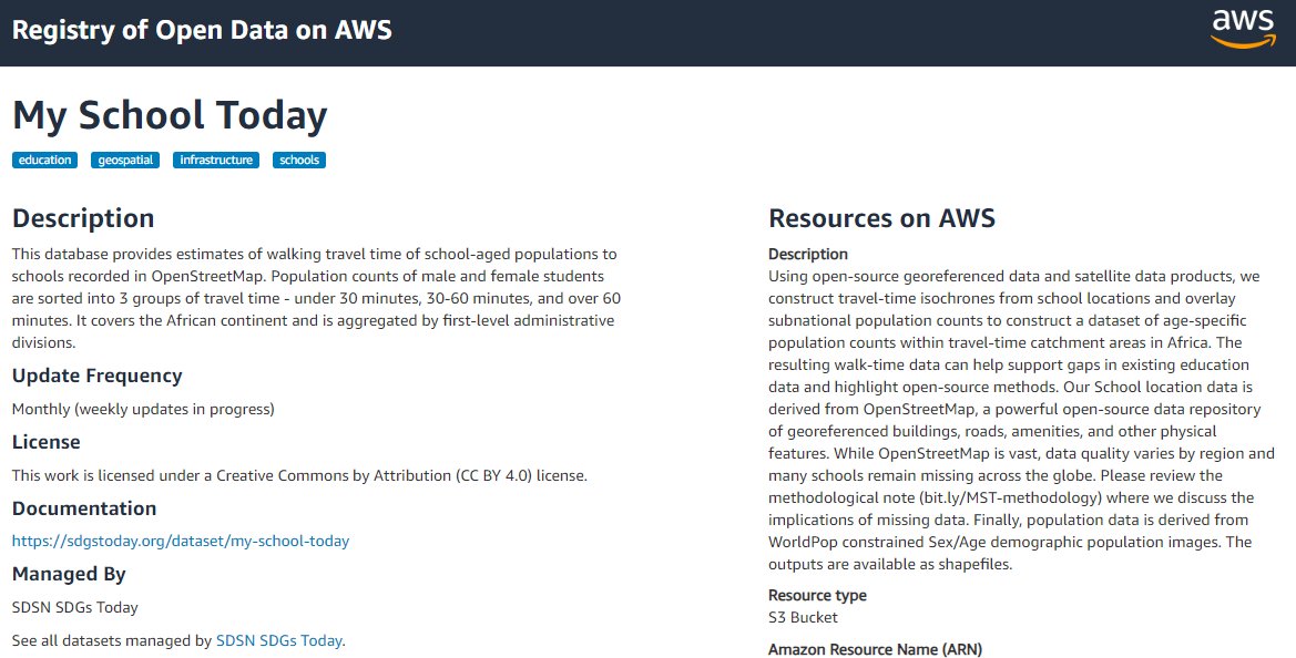 🎉Our #MySchoolToday dataset has been added to the Registry of Open Data on @awscloud !🎉 THANK YOU to the #AWSOpenData team for helping us expand the viewership of our #timely #geospatial dataset on travel time to #schools ! View our dataset here👉bit.ly/mst-aws